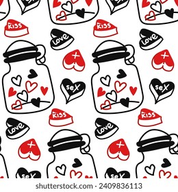Muster mit einem Glas und Pillen in der Form von bunten Herzen. Ein geschlossenes Glas Glas mit Pillen für Liebhaber. Hört mit Inschrift. Flache Vektorgrafik im Doodle-Stil. Valentinstag
