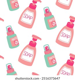 pattern with jars of antiseptic spray and liquid soap dispenser. Colored jars with liquid to ensure cleanliness and hygiene of hands, body, and face. Cleansing from bacteria and germs. Spray dispenser