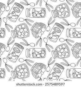 pattern of jars with olives. Seamless contour texture of jars of different shapes in glass, iron jar, wooden plate. Olives with and without pits. Contour illustration of food products. Coloring pages