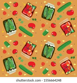 Pattern, jars of pickles and tomatoes, cooking