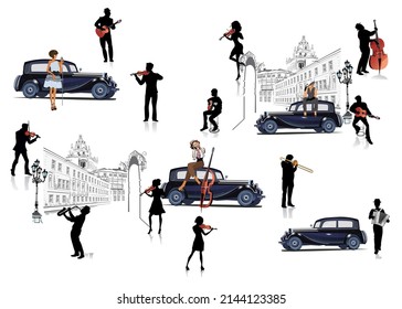 Pattern with jazz musicians, retro cars and old city views. Hand drawn vector illustration.