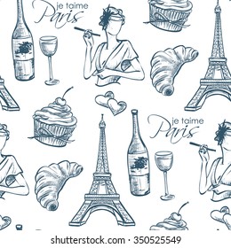 Pattern je taime paris with Eiffel Tower, perfume, Mademoiselle, cake, wine, croissant