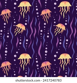 Pattern with jellyfish and algae among the bubbles. Undersea world. Vector repeating pattern on a dark background for fabric, textile, wallpaper, cards.