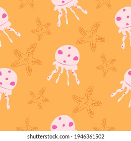 Pattern with jellyfish on an orange background.