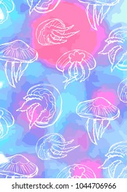 pattern of jellyfish with white lines on the background of a watercolor texture of blue and pink