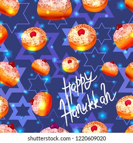 Pattern with Jewish holiday Hanukkah, with donuts and inscription on a blue background.