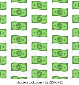 Pattern of Jordanian Dinar banknotes on transparent background with mini doodle (icon) and green color. Vector Illustration