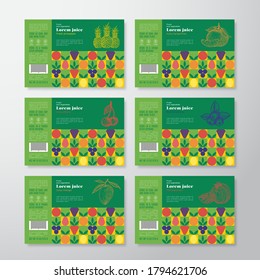 Pattern Juice Label Templates Bundle. Abstract Vector Packaging Design Layouts Collection. Modern Typography Banners With Hand Drawn Fruits, Berries And Citrus Backgrounds Set. Isolated.