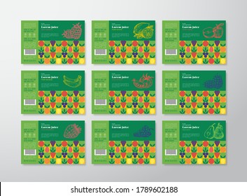 Pattern Juice Label Templates Collection. Abstract Vector Packaging Design Layouts Set. Modern Typography Banners with Hand Drawn Fruits, Berries and Vegetables Background. Isolated.