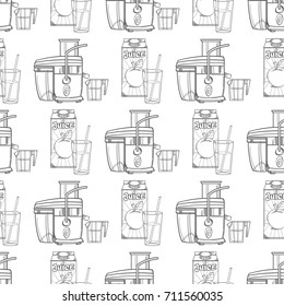 Pattern from juicer and green apple. Monochrome vector illustration isolated on white background