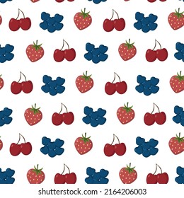 a pattern of juicy cherries, strawberries, and blueberries in a flat style. Vector image.