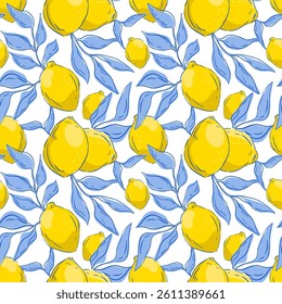 A pattern with juicy lemons and blue leaves. This pattern is perfect for fabric, wrapping paper, or product design.Vector illustration
