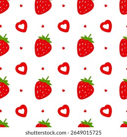 Padrão com morangos vermelhos suculentos e corações em um fundo branco. Desenho animado à mão, romântico. Embalagem, produtos para bebês, tecido, papel de embrulho, Dia dos Namorados e temas de verão. Vetor
