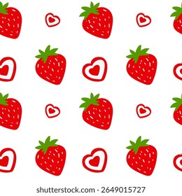 Pattern with juicy red strawberries and hearts on a white background. Cartoon hand-drawn style, romantic. Packaging, baby products, fabric, wrapping paper, Valentine's Day and summer themes. Vector
