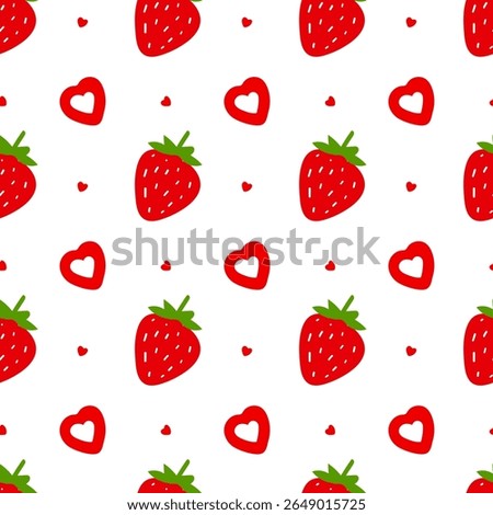 Pattern with juicy red strawberries and hearts on a white background. Cartoon hand-drawn style, romantic. Packaging, baby products, fabric, wrapping paper, Valentine's Day and summer themes. Vector
