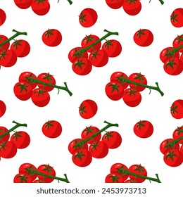 A pattern of juicy red tomatoes on a branch and separately. It is suitable for culinary graphics, commercials at farmers' markets, postcards with recipes, and indication of ingredients. Packaging