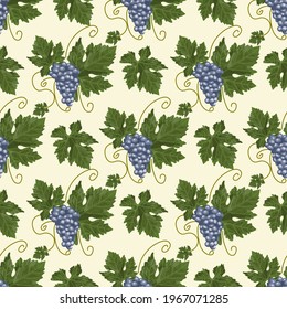 A pattern of juicy ripe bunches of grapes with green leaves.