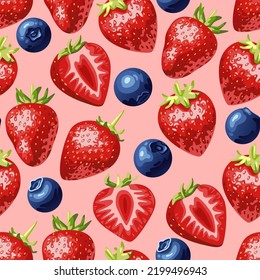 A pattern of juicy strawberries and blueberries