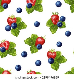 A pattern of juicy strawberries and blueberries