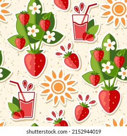Pattern with juicy strawberries, smoothie, sun, strawberyy bush on textured background with small particles like dust. SImple bright illustration. For decoration of food package, decorative prints