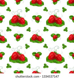 
Pattern. Juicy strawberry 
on green leaves with water drops. 
Vector illustration.