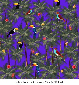 Pattern with jungle animals, birds, toucan, parrot. Vector illustration