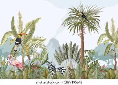 Pattern With Jungle Animals, Flowers And Trees. Vector