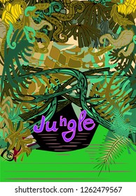 Pattern with jungle plants. At the bottom of the picture are a few lines for any entry, congratulations. For tourism. Card. Vector