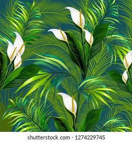 Pattern with jungle tropical flowers and exotic leaves. Vector illustration
