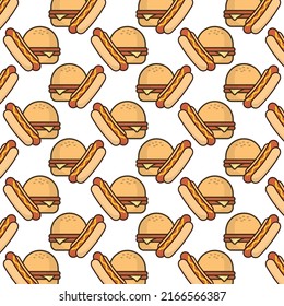 Pattern of junk food in white background with mini doodle (icons). Vector Illustration