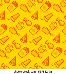 Pattern with junk food. Yellow background with chicken, pizza, ice cream and muffin.