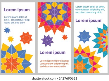 Un patrón de estrellas caleidoscópicas sobre un fondo blanco. Este folleto promocional te invita a sumergirte en el océano de la creatividad. Disponible para imprimir para que pueda agregar un toque único a su diseño