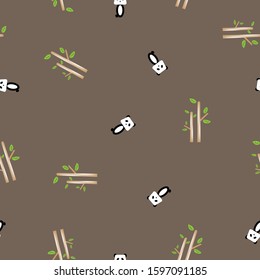 Pattern of kawaii bamboo tree and doodle panda on brown background for wallpaper, background, fabric textile, paper print business, kids clothes, bed sheet. Vector design.