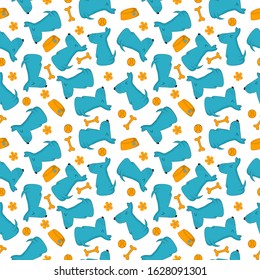 Pattern of kawaii cartoon blue dog, rice cup, bone and flower on white background for background, wallpaper, fabric textile, paper print, kid clothes, vector design.