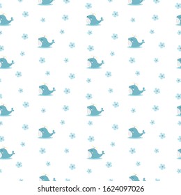 Pattern of kawaii cartoon blue whale in the ocean of flower on blue background for background, wallpaper, fabric textile, paper print, kid clothes, vector design. 