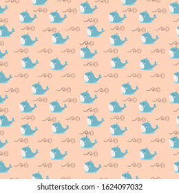 Pattern of kawaii cartoon blue whale in the ocean on orange background for background, wallpaper, fabric textile, paper print, kid clothes, vector design. 