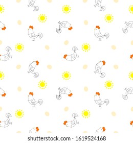 Pattern of kawaii doodle chicken, egg and sun  on white background for wallpaper, background, fabric textile, paper print business, kids clothes. Vector design.