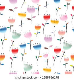 Pattern of kawaii doodle colorful flower on white background for wallpaper, background, fabric textile, paper print business, kids clothes, bed sheet. Vector design. 