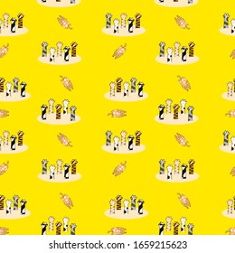 Pattern of kawaii doodle set cat hand and orange cat on yellow background for background, wallpaper, fabric textile, paper print, kids clothes. vector design.