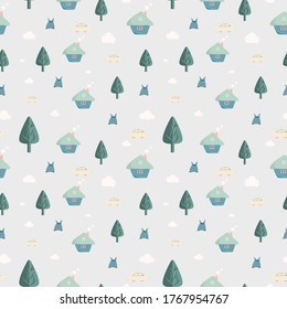 Pattern of kawaii doodle tree, house, car and cloud on lite gray background for wallpaper, background, textile, paper print. Vector design.