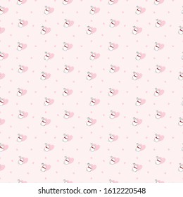 Pattern of kawaii doodle white rabbit wearing red scarf hug pink heart on pink background for wallpaper, background, fabric textile, paper print business, kids clothes. Vector design.