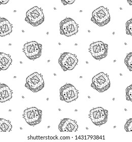 Pattern of kawaii rolls and sushi in manga style, sprinkled with sesame seeds. Tasty and cute japanese food bacground in ink. Illustration for coloring book
