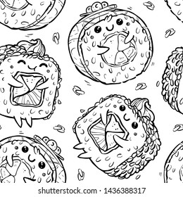 Pattern of kawaii rolls and sushi in manga style, sprinkled with sesame seeds, with fish. Tasty and cute japanese food bacground in ink. Illustration for coloring book