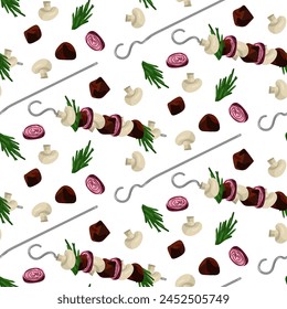 Pattern of kebabs strung on skewers and separate parts. Grilling and outdoor dining. An invitation to barbecue themed, picnic banners or culinary websites, adding spice to any design. Seamless vector