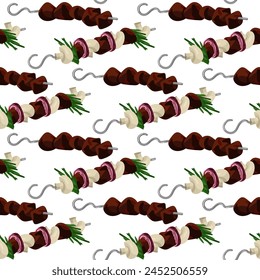 A pattern of kebabs strung on skewers. Grilling and outdoor dining. An invitation to barbecue themed, picnic banners or culinary websites, adding spice to any design. Seamless connector