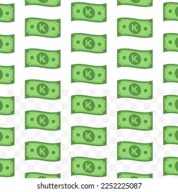 Patrón de billetes kenianos en chelines sobre fondo transparente con mini doodle (icono) y color verde. Ilustración vectorial