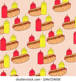pattern of ketchup, mustard and hot dog