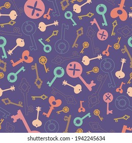 Pattern with keys. Flat style illustration. Endless texture on violet background.