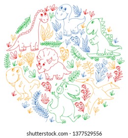 Pattern kids fabric, textile, nursery wallpaper. Vector illustration. Hand drawn dinosaurs, dino for little children.