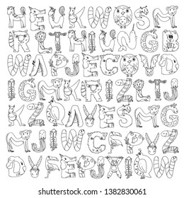 Pattern kids fabric, textile, nursery wallpaper. Language learning. Animal alphabet. Letters from A to Z. Flamingo, giraffe, horse, alligator, bear, cat, dog, elephant.